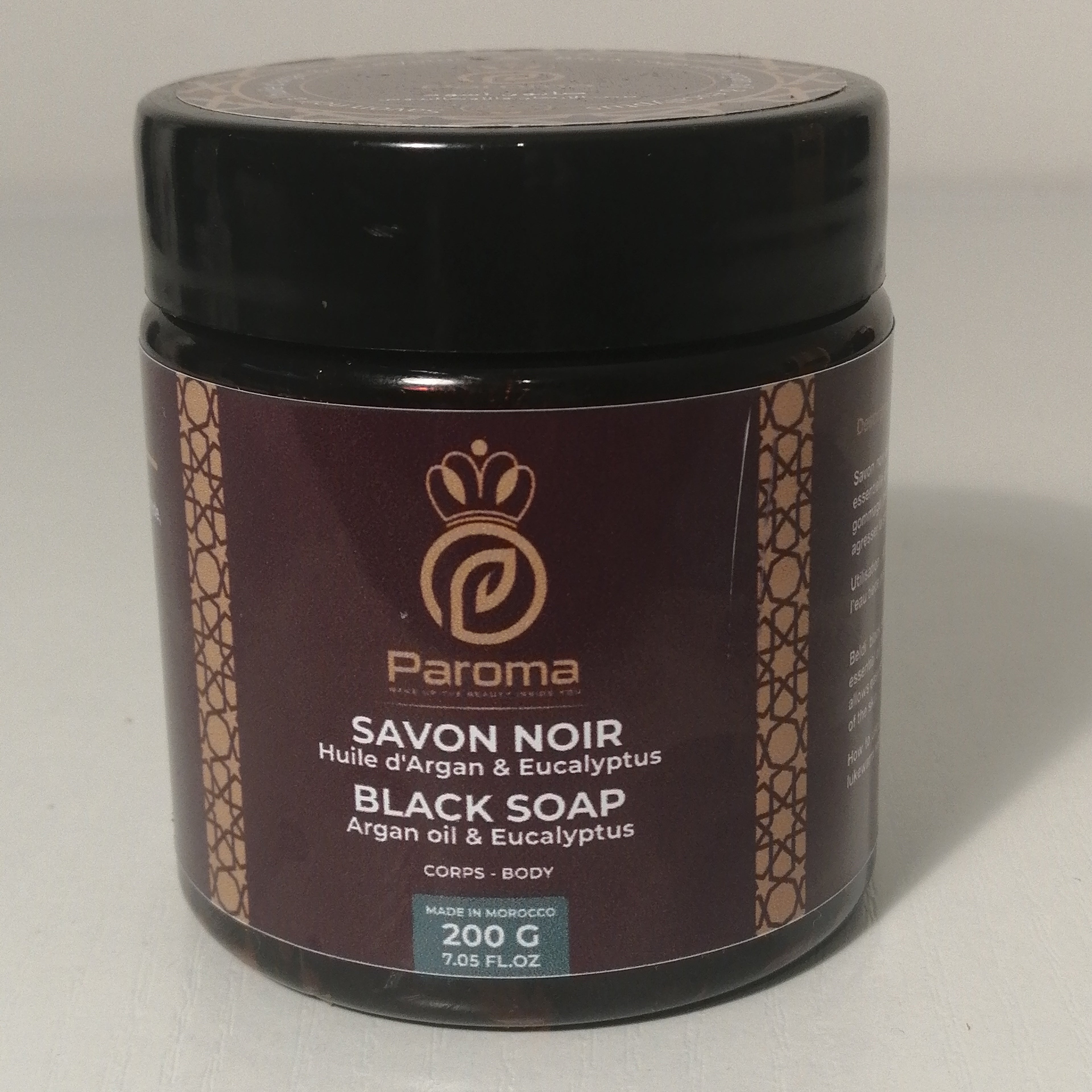 Savon noir parfumé à l'huile d'Argan et eucalyptus